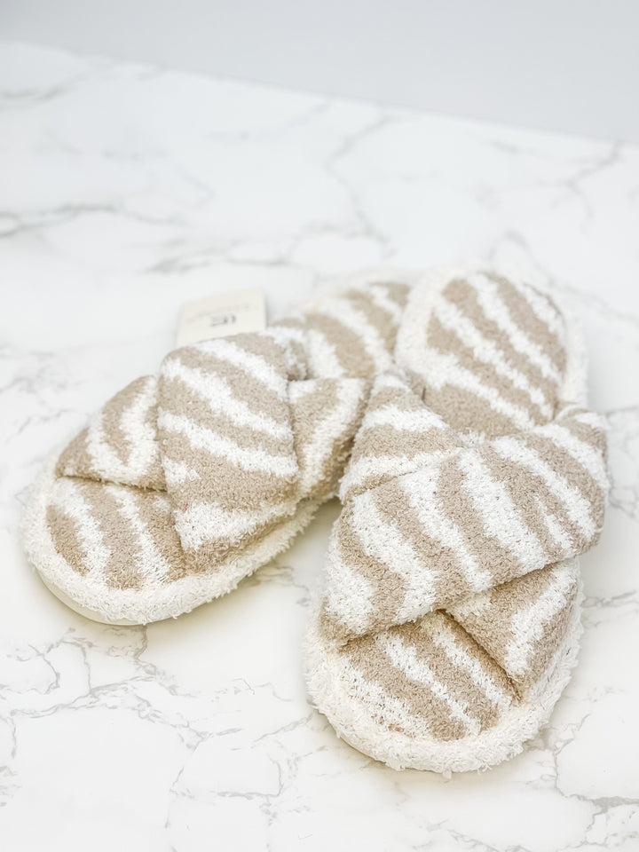 Zebra Criss Cross Fuzzy Slippers - Beige