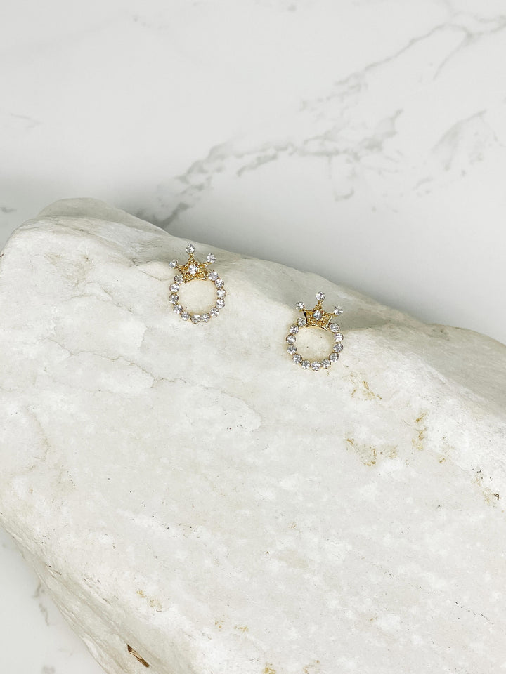 Crystal Crown Stud Earrings - Gold