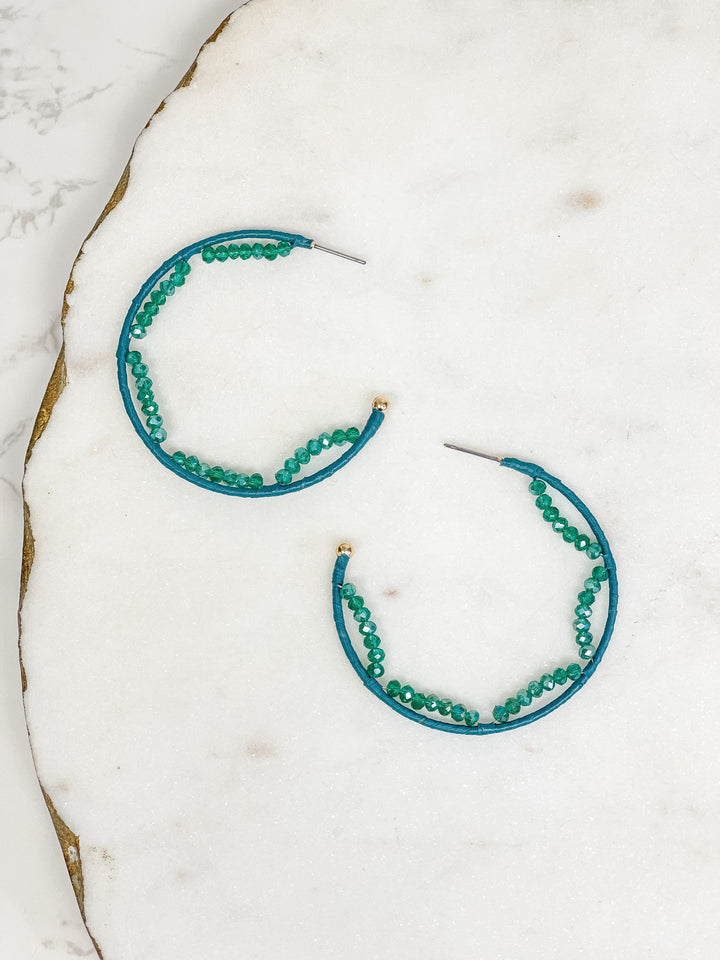 Crystal Beaded Trimmed Hoop Earrings - Teal