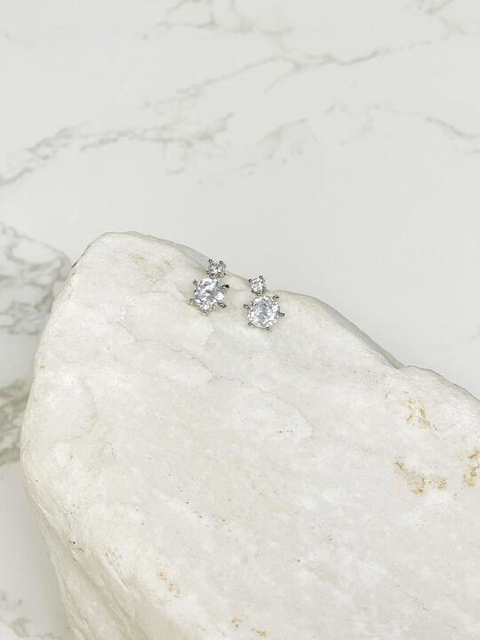 Cubic Zirconia Round Stud Earrings - Silver