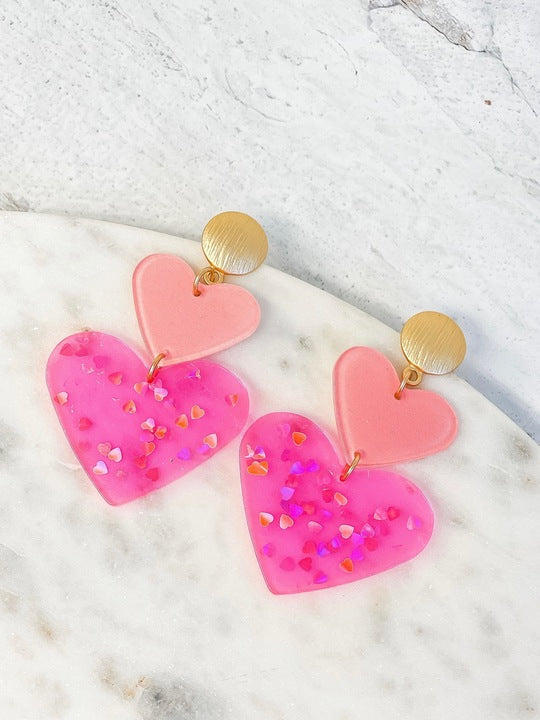 Double Heart Confetti Heart Dangle Earrings - Neon Pink