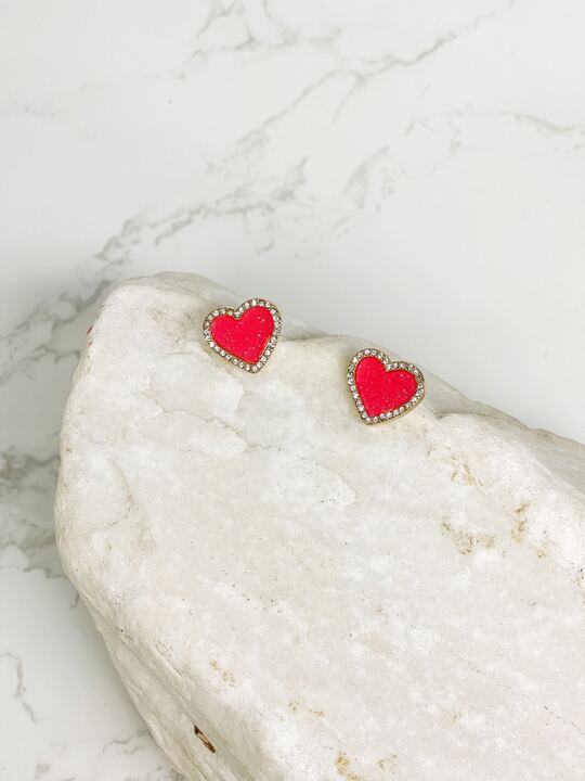 Druzy Heart Stud Earrings - Hot Pink