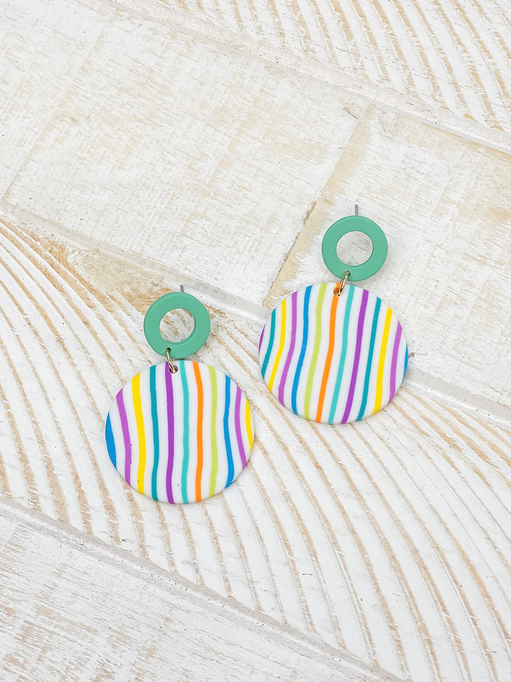 Geometric Circle Clay Dangle Earrings - Rainbow Stripe & Turquoise