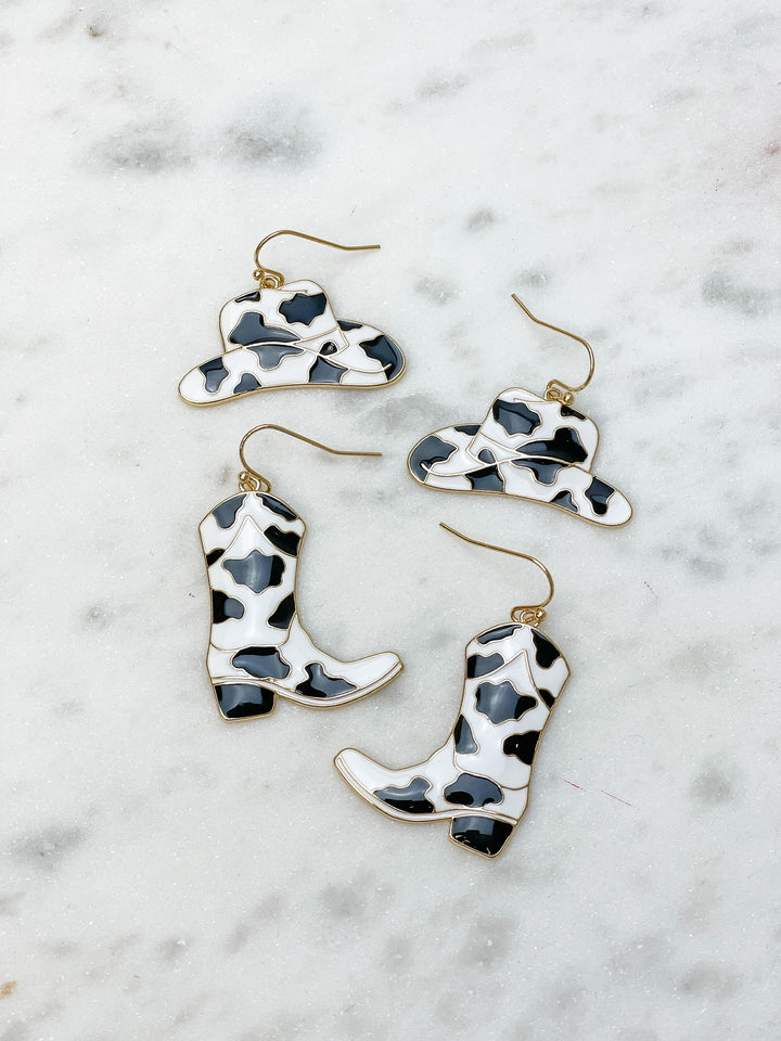 Cow Print Rodeo Hat Dangle Earrings