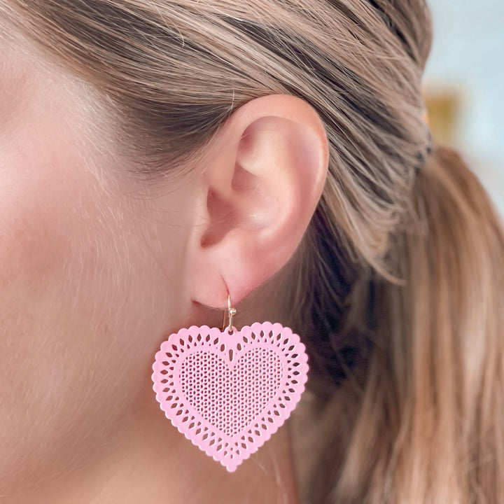 Filigree Heart Dangle Earrings - Pink