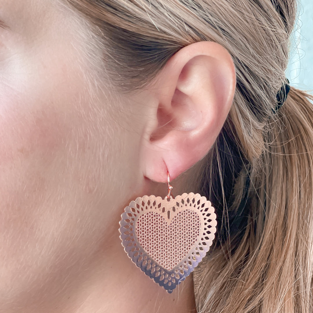 Filigree Heart Dangle Earrings - Rose Gold