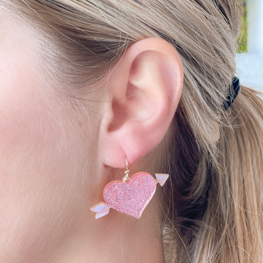 Acrylic Glitter Bow & Arrow Heart Dangle Earrings - Pink