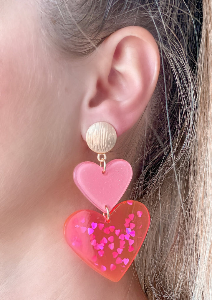 Double Heart Confetti Heart Dangle Earrings - Neon Pink