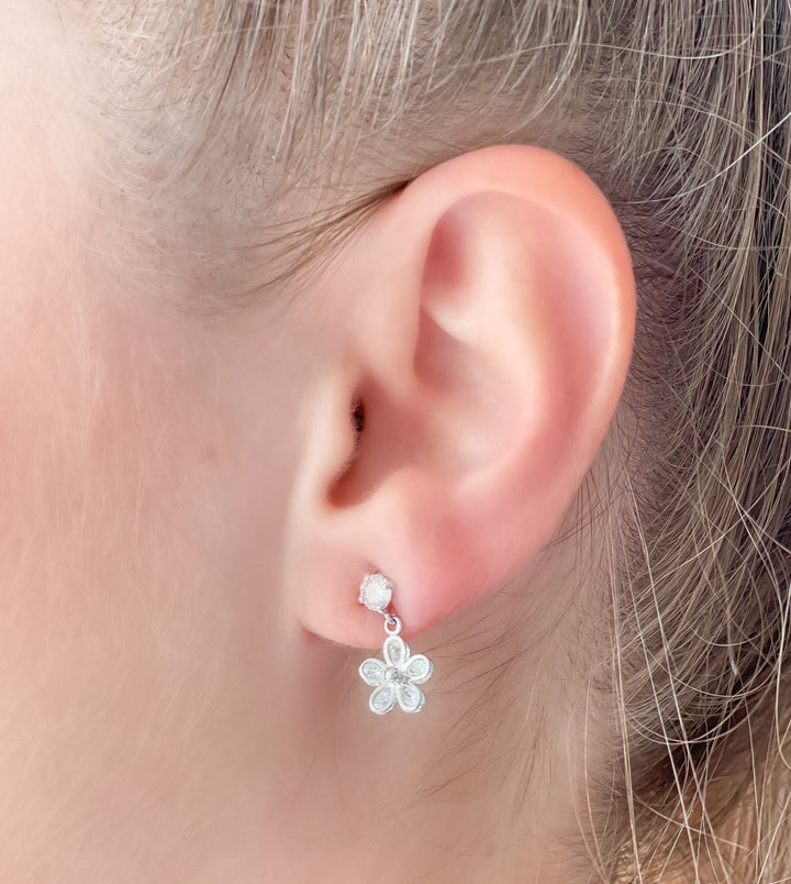 Dainty Cubic Zirconia Flower Dangle Earrings - Silver