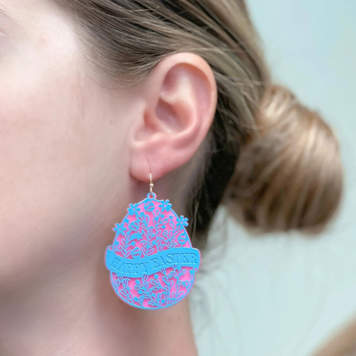 Blooming Floral 'Happy Easter' Egg Dangle Earrings - Blue