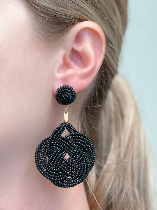 Braided Teardrop Beaded Dangle Earrings - Black