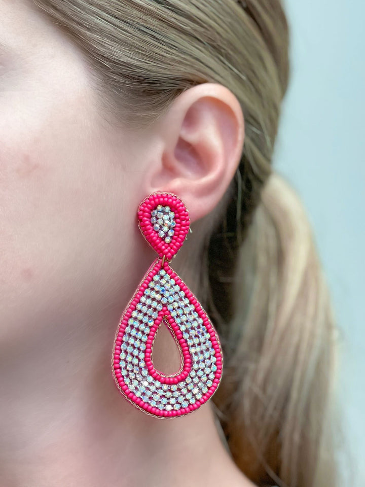 Glitzy Seed Bead Teardrop Dangle Earrings - Pink