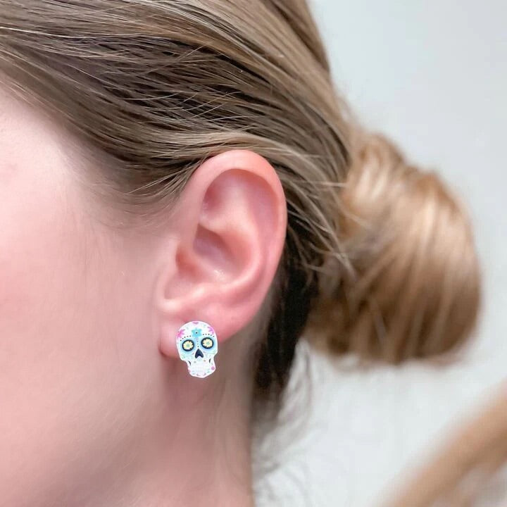 Printed Sugar Skull Stud Earrings - Choice of Color