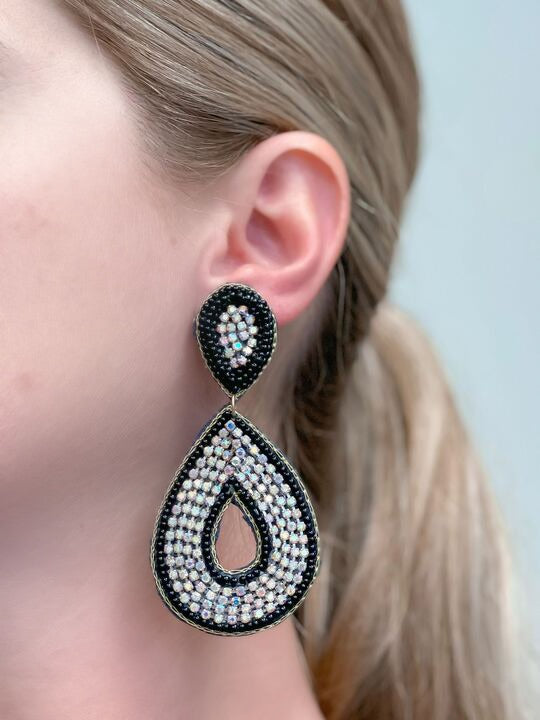 Glitzy Seed Bead Teardrop Dangle Earrings - Black