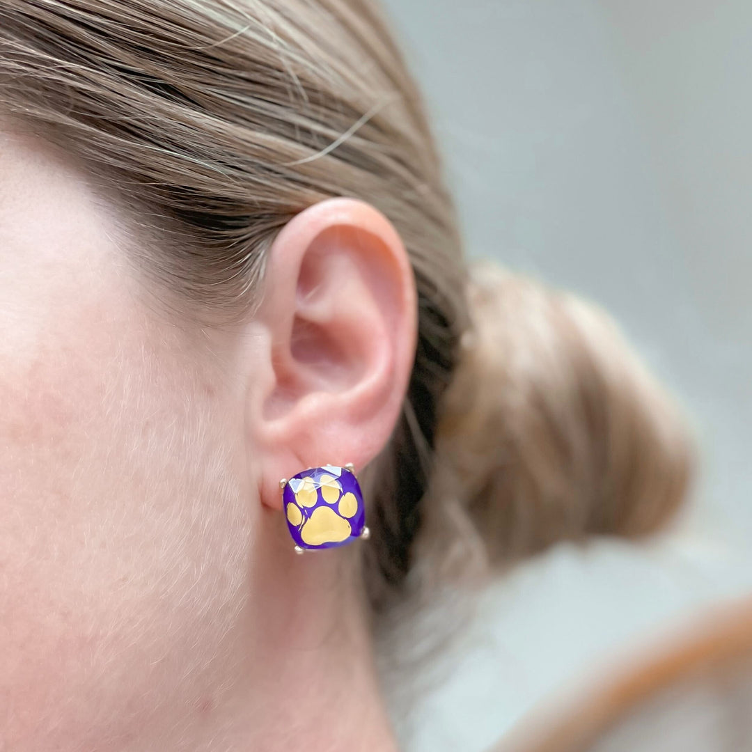 Game Day Paw Print Printed Stud Earrings - Yellow