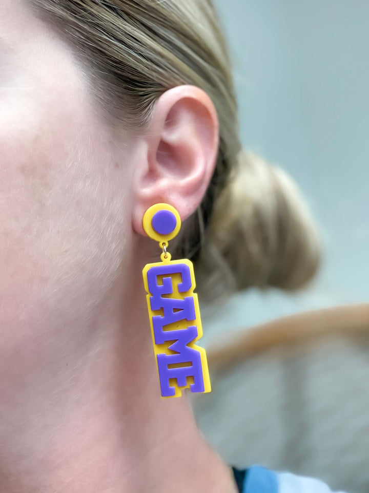 'Game Day' Statement Dangle Earrings - Yellow & Purple