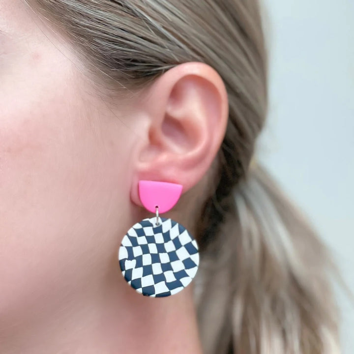 Black, White & Pink Geometric Clay Dangles - Checkered