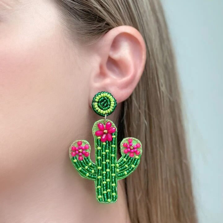 Pink Flower Cactus Beaded Dangle Earrings