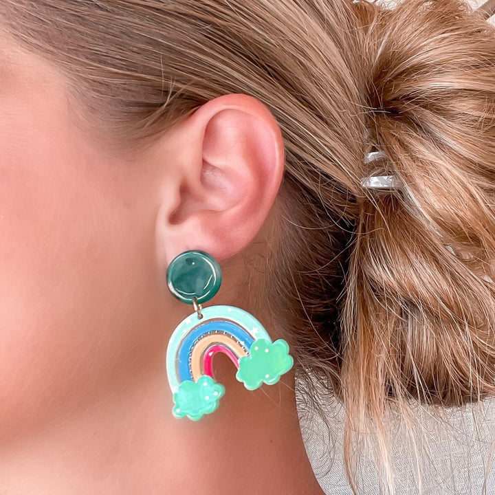 Rainbow & Clouds Acrylic Dangle Earrings - Green