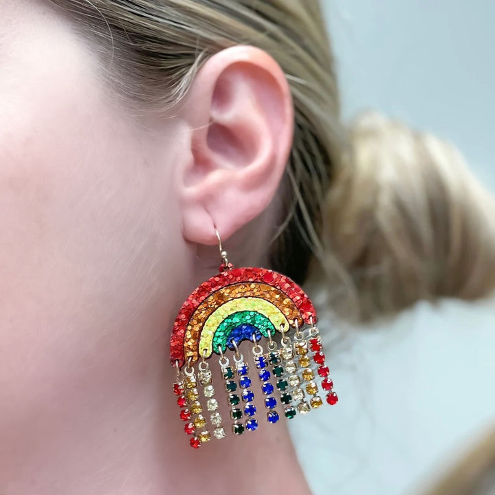 Glitter Rainbow Rhinestone Tassel Earrings