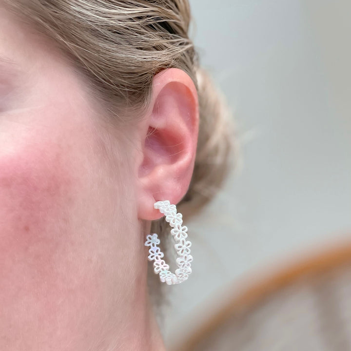 Textured Metal Flower Hoop Earrings - White