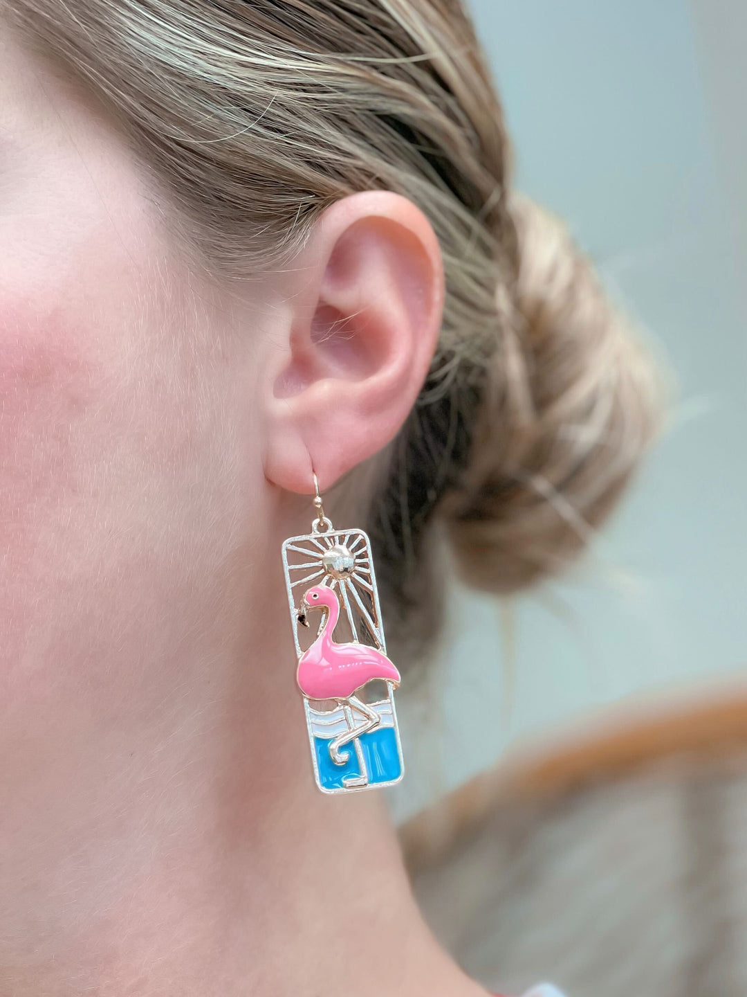 Seaside Metal & Enamel Portrait Dangle Earrings - Flamingo