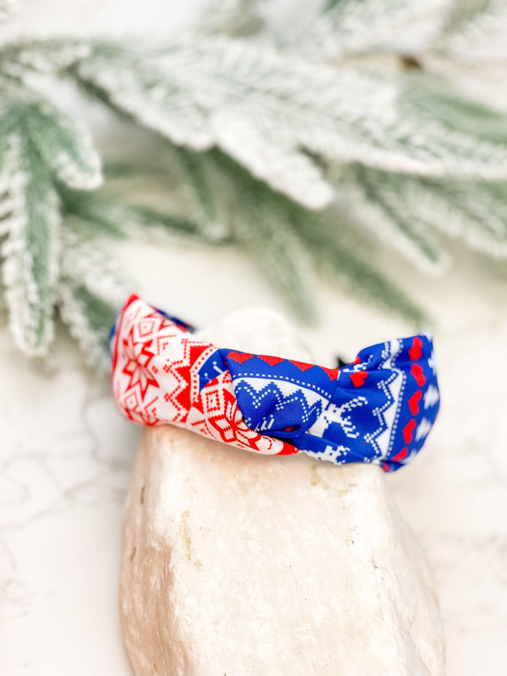 Fair Isle Printed Top Knot Headband - Red & Blue