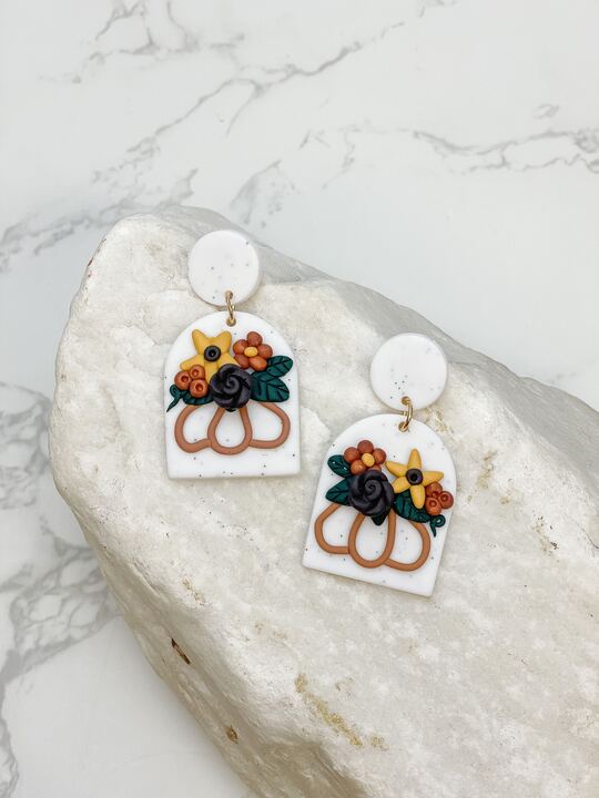 Fall Flowers Clay Dangle Earrings - White