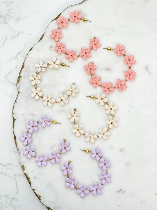 Matte Flower Hoop Earrings - Pink