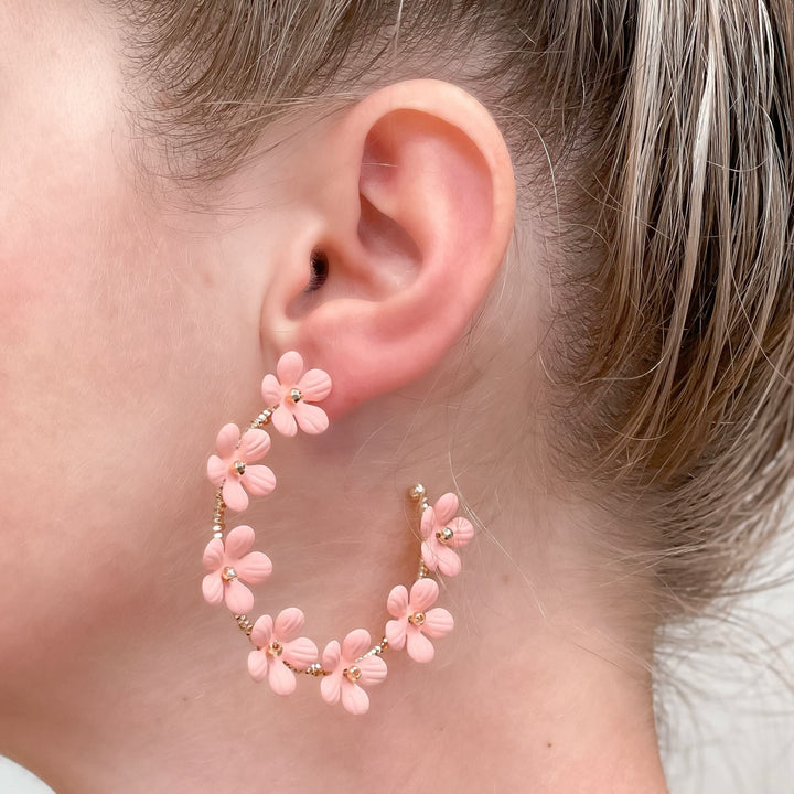 Matte Flower Hoop Earrings - Pink