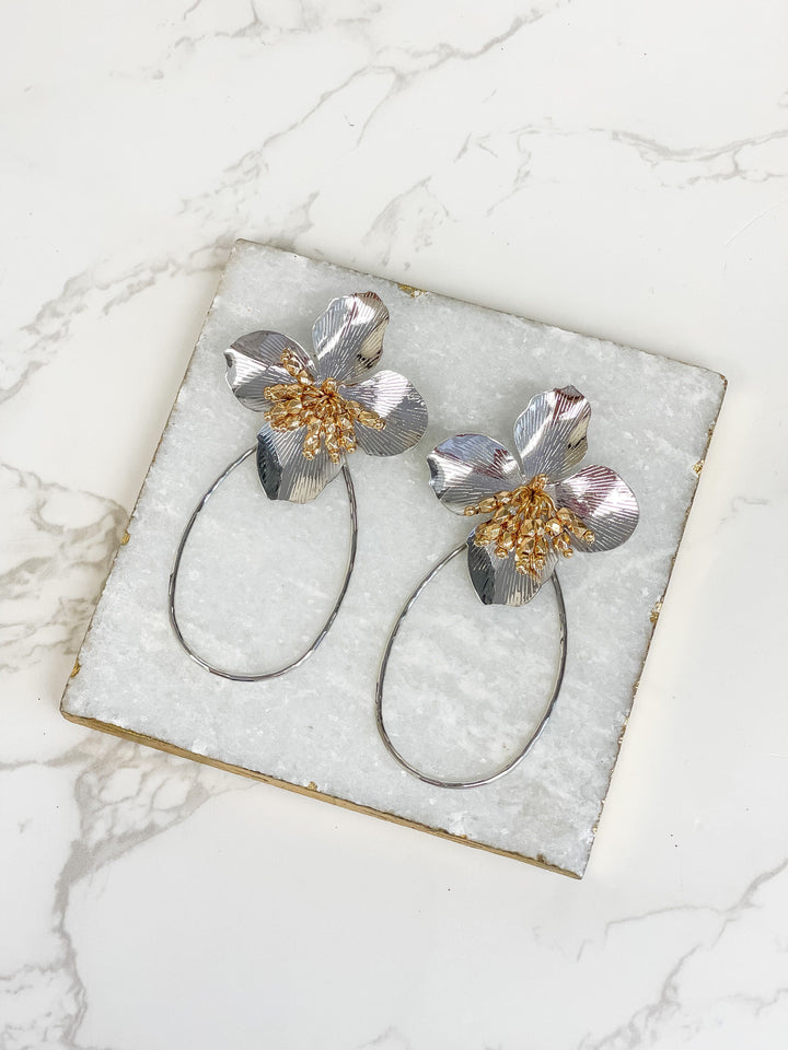 Oval Flower Statement Dangle Earrings - Silver