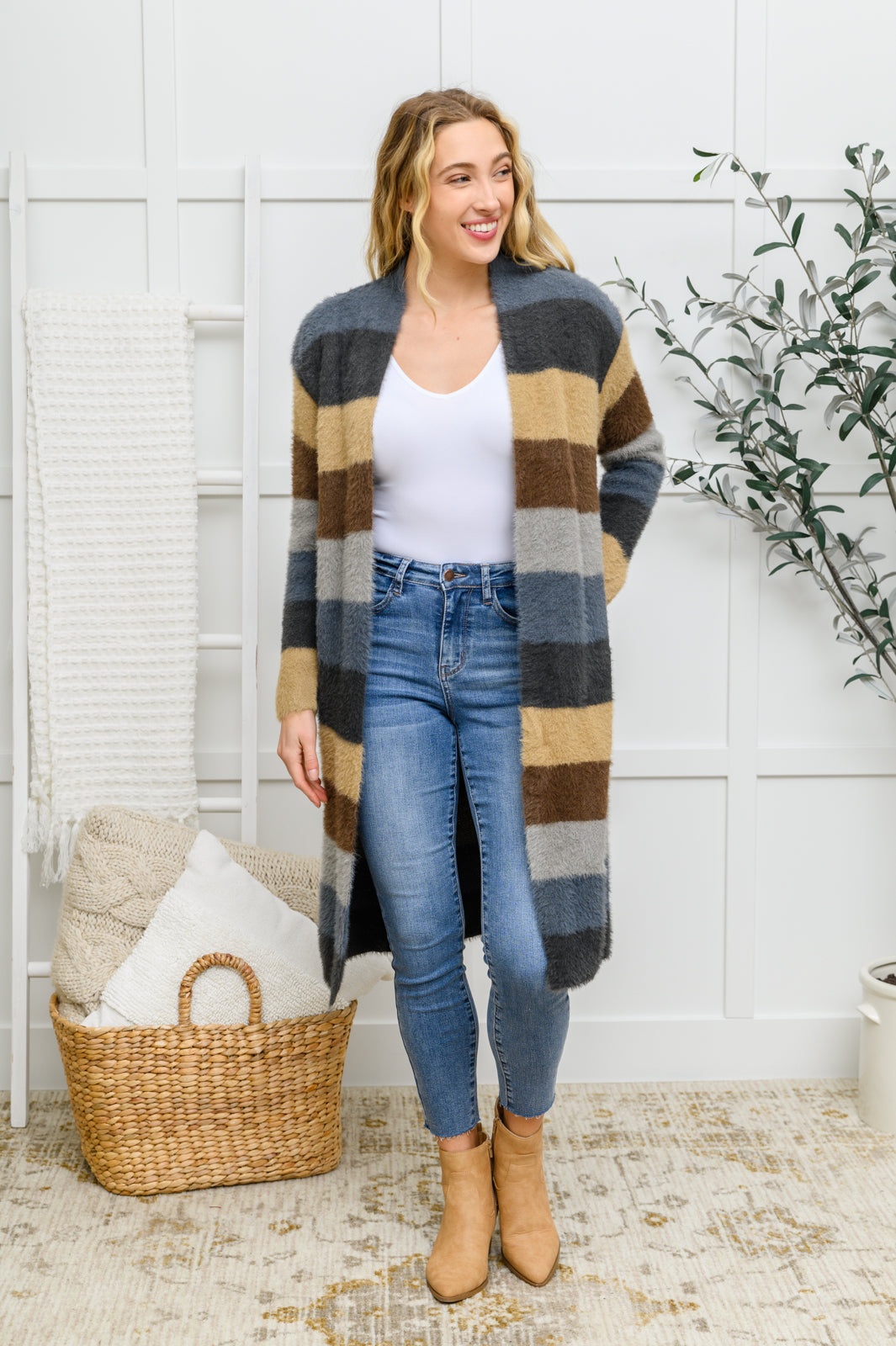 Fuzzy Longline Cardigan In Blue & Cocoa