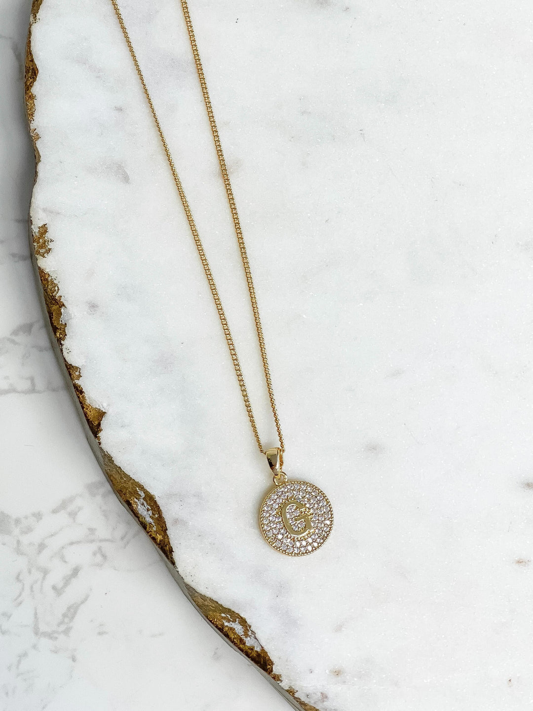 Cubic Zirconia Initial Disc Pendant Necklaces - Gold