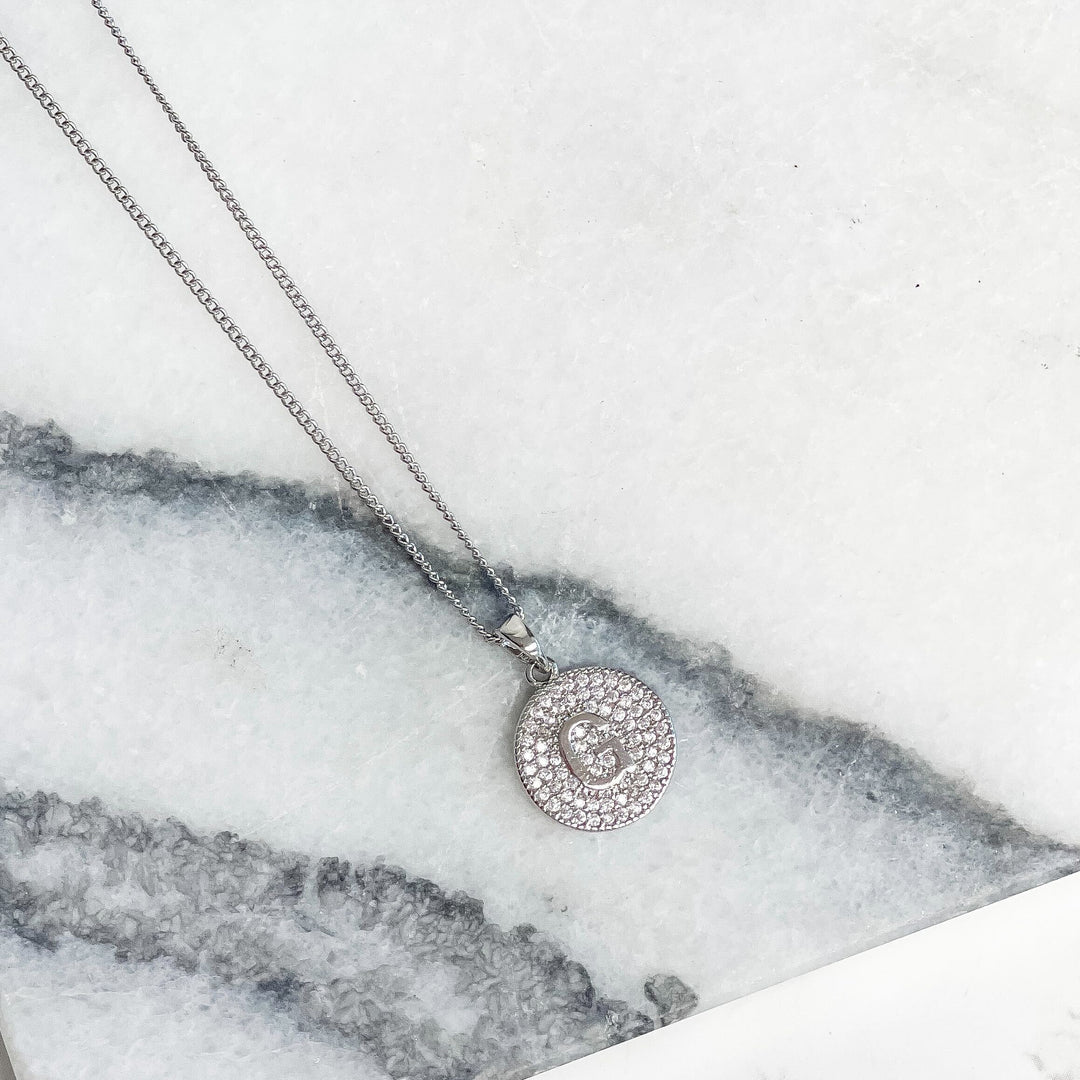 Cubic Zirconia Initial Disc Pendant Necklaces - White Gold