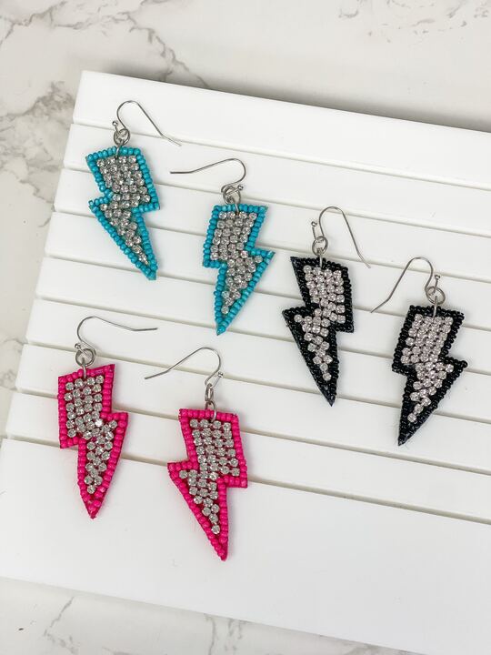 Glitzy Lightning Bolt Beaded Dangle Earrings - Black