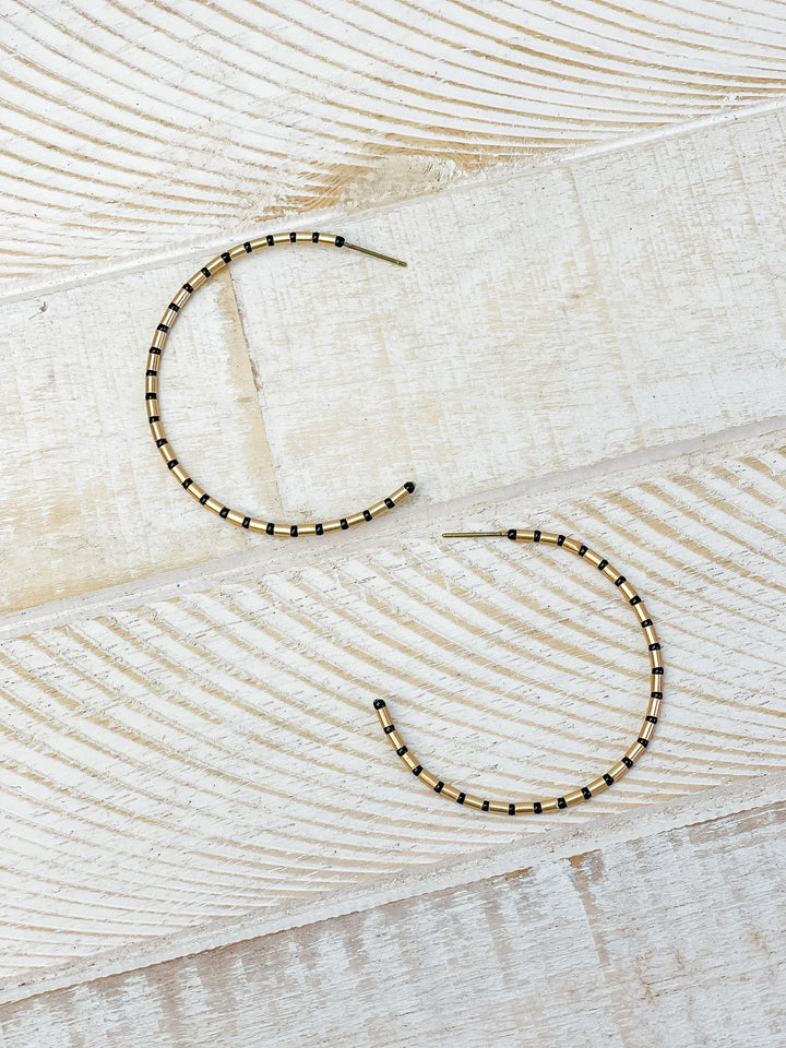 Gold Beaded Skinny Hoop Earrings - Black