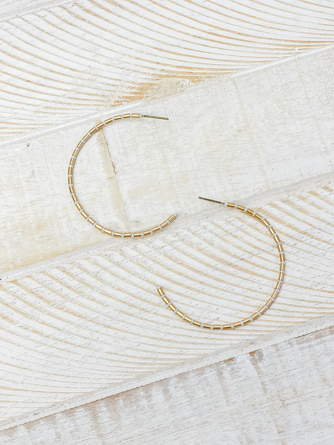 Gold Beaded Skinny Hoop Earrings - White