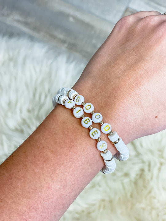 'Good Vibes' Stretch Bracelet Set - White