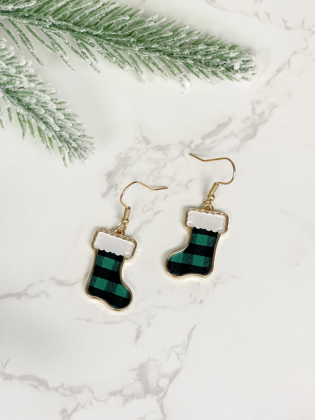 Printed Stocking Dangle Earrings - Green Buffalo Check