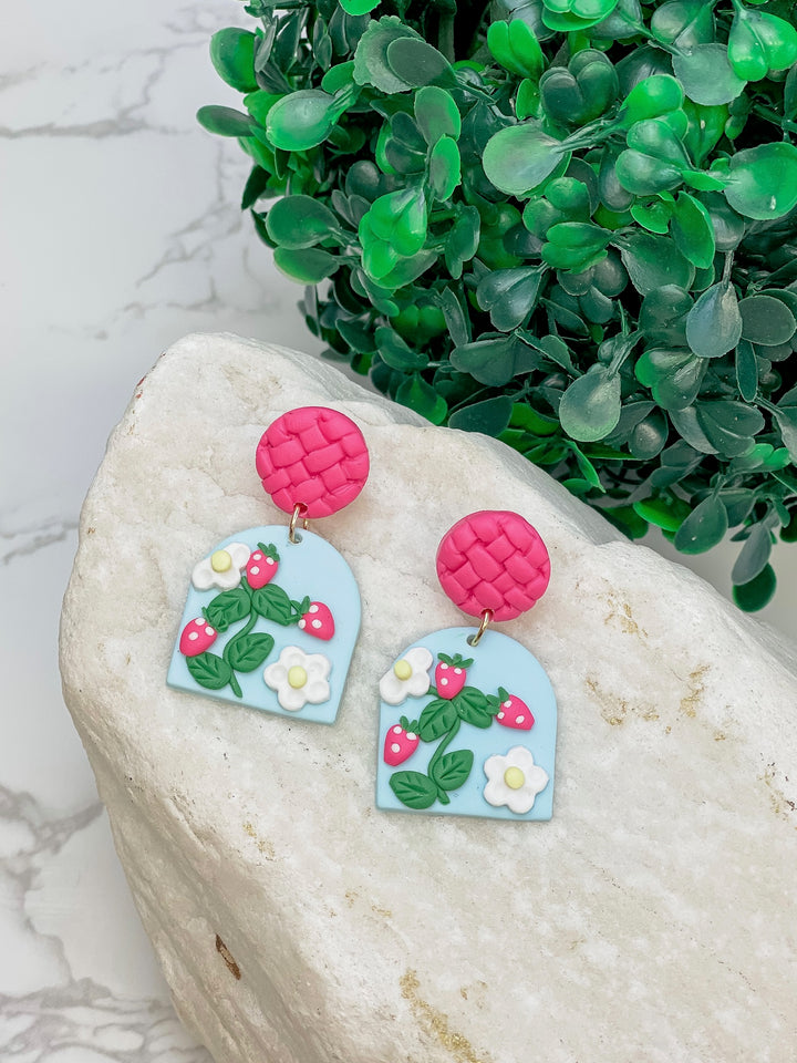 Strawberry Garden Clay Dangle Earrings - Blue & Pink