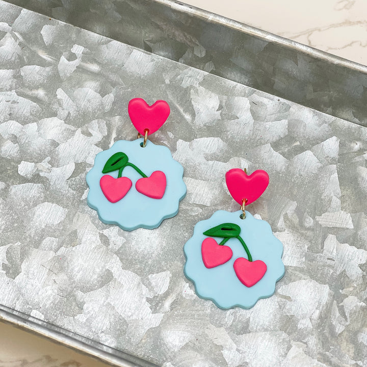 Heart Cherry Clay Dangle Earrings - Blue & Pink