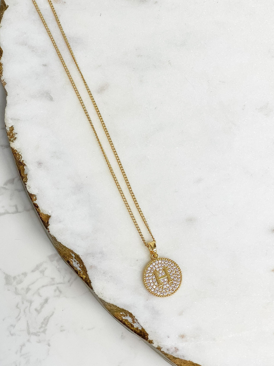 Cubic Zirconia Initial Disc Pendant Necklaces - Gold