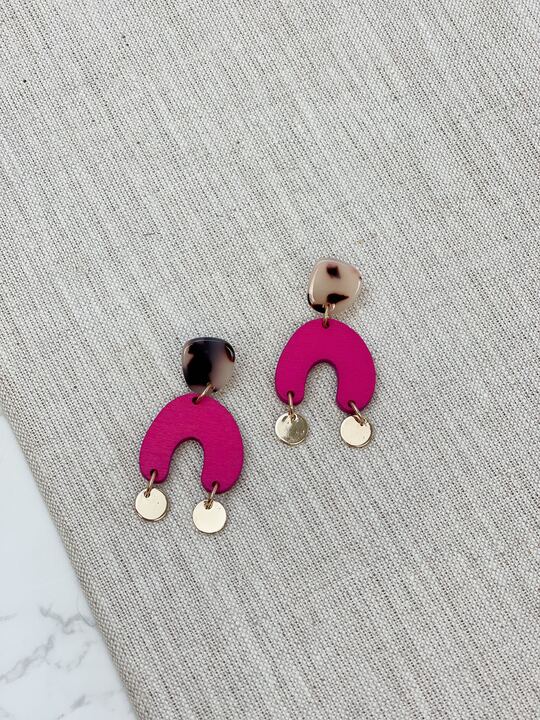 Tortoise Post Half Moon Dangles - Hot Pink