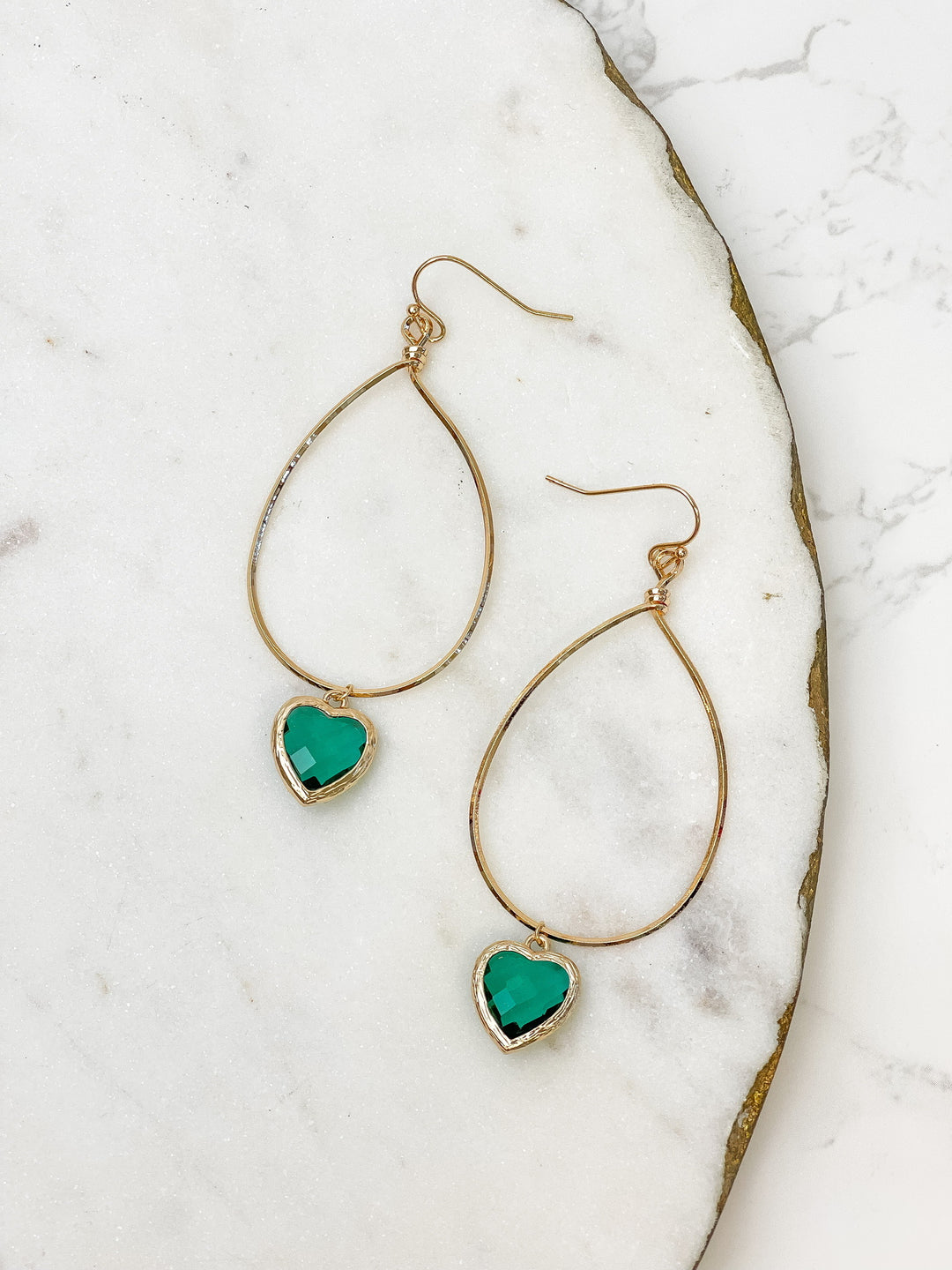 Heart Dangle Drop Earrings - Green