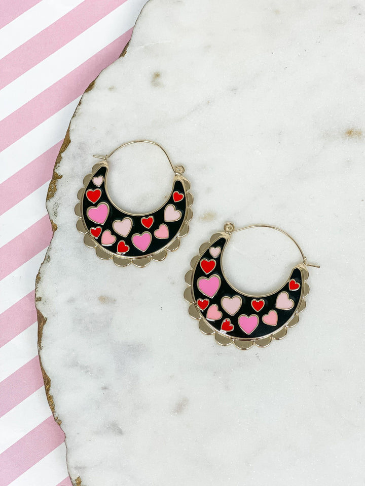 Heart Enamel Scallop Hoop Earrings - Jet