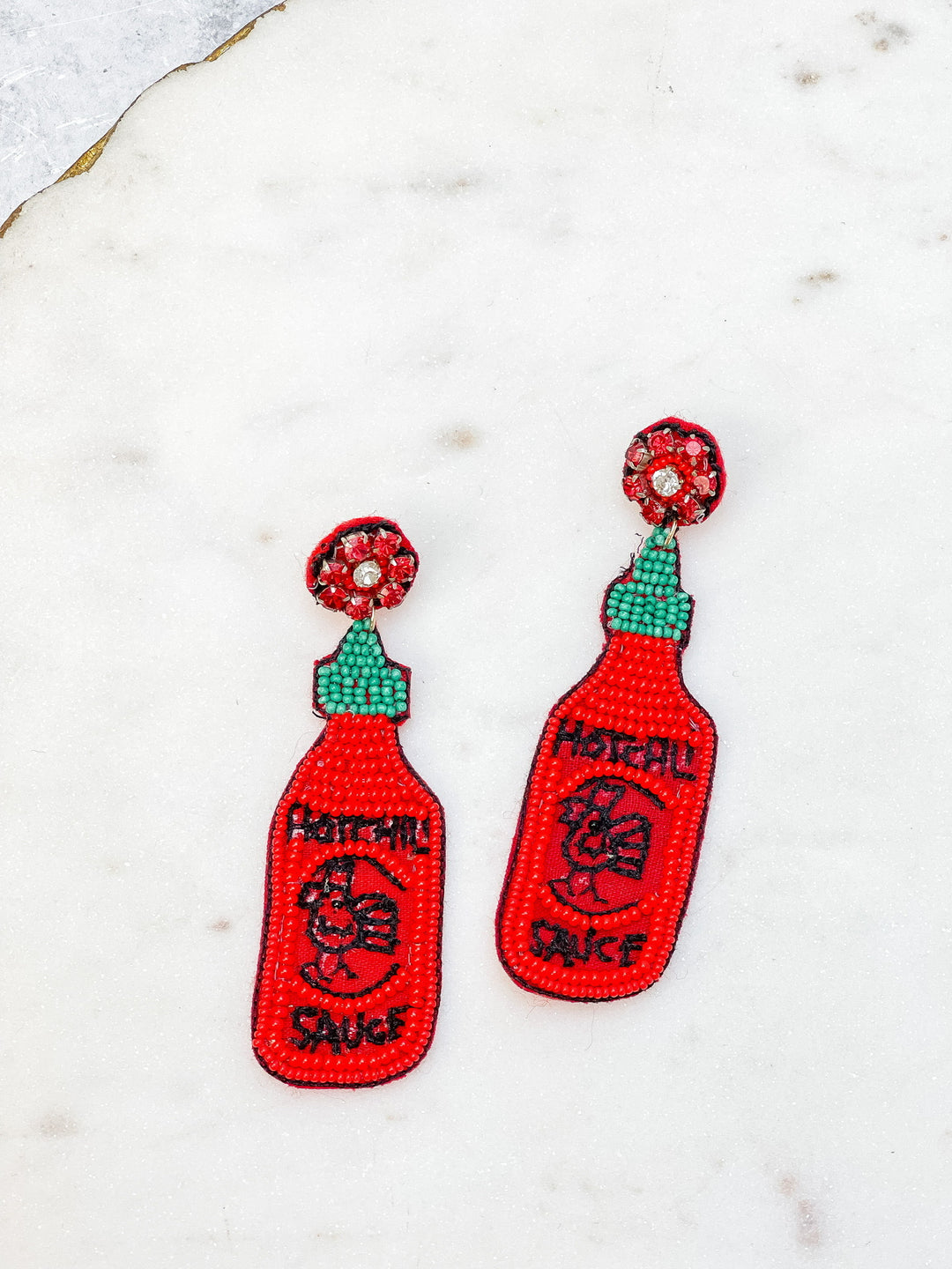 Hot Sauce Bottle Beaded Dangle Earrings