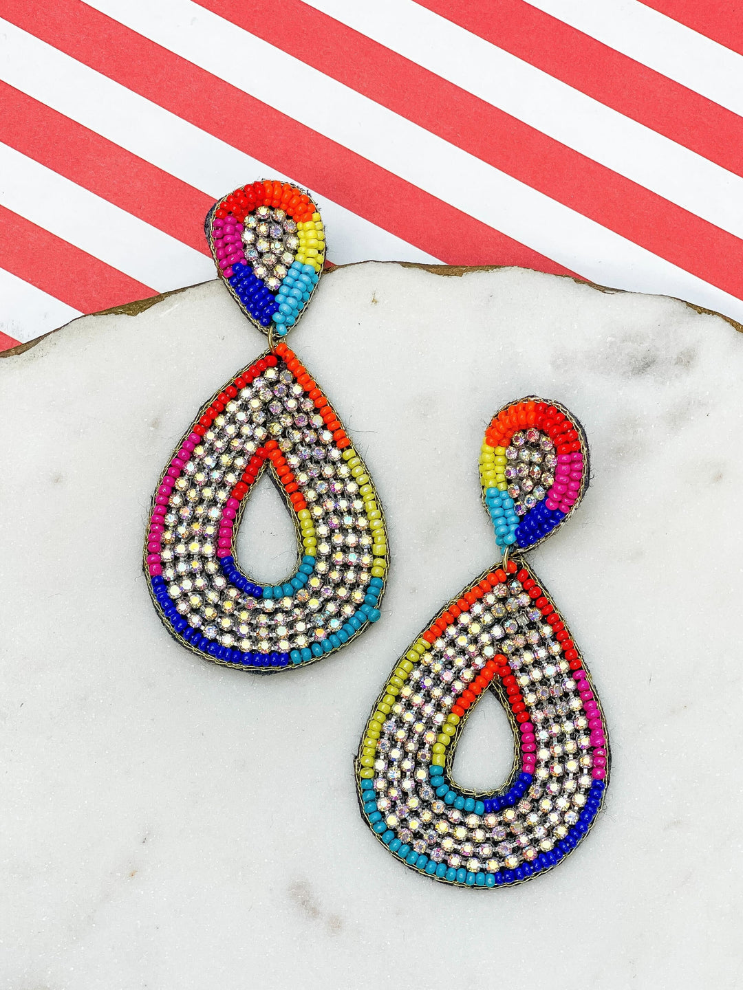 Glitzy Seed Bead Teardrop Dangle Earrings - Rainbow