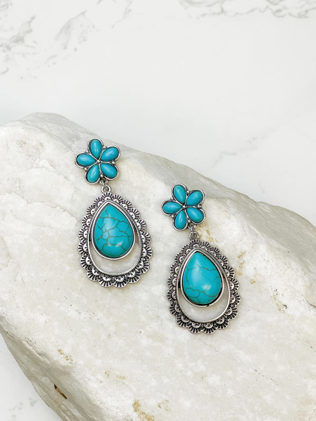 Western Turquoise Teardrop Cutout Drop Earrings