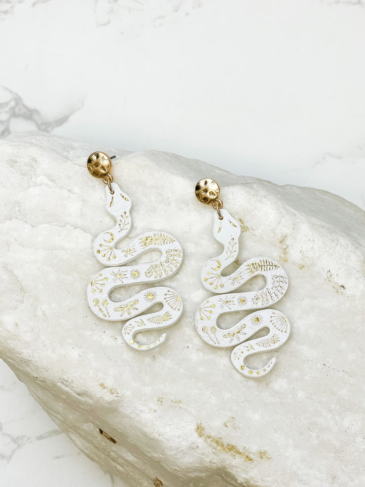 Gold & Leather Snake Drop Dangle Earrings - White