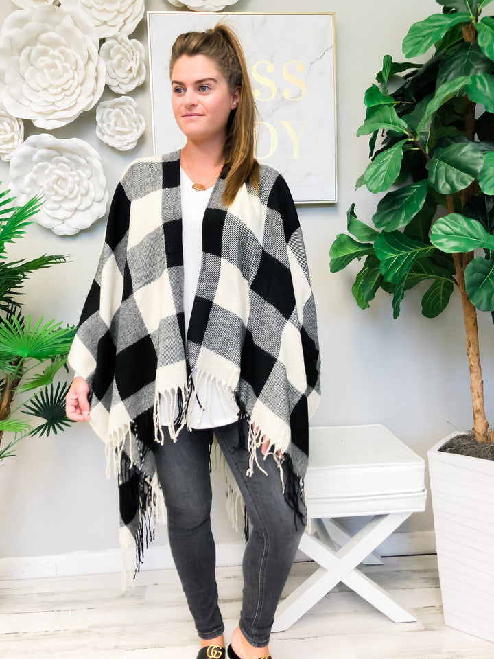 White Buffalo Check Plaid Open Poncho